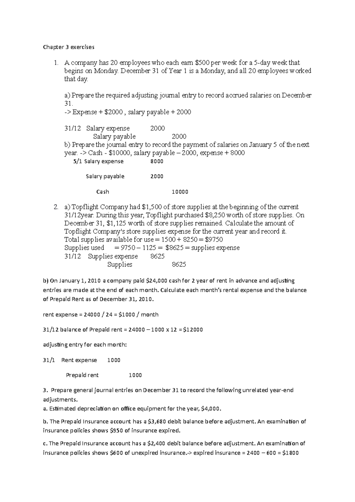 Chapter 3 Exercises - Adjusting Journal Entries and Calculations - Studocu