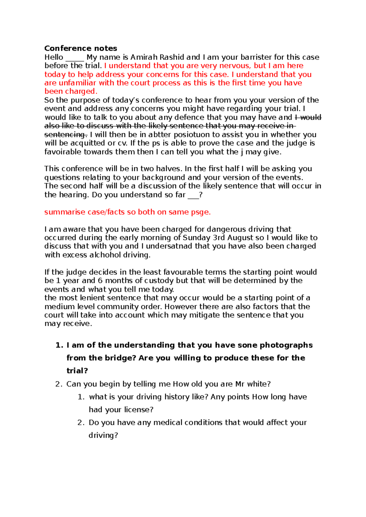 Conference Notes: Legal Consultation for Case White - Studocu