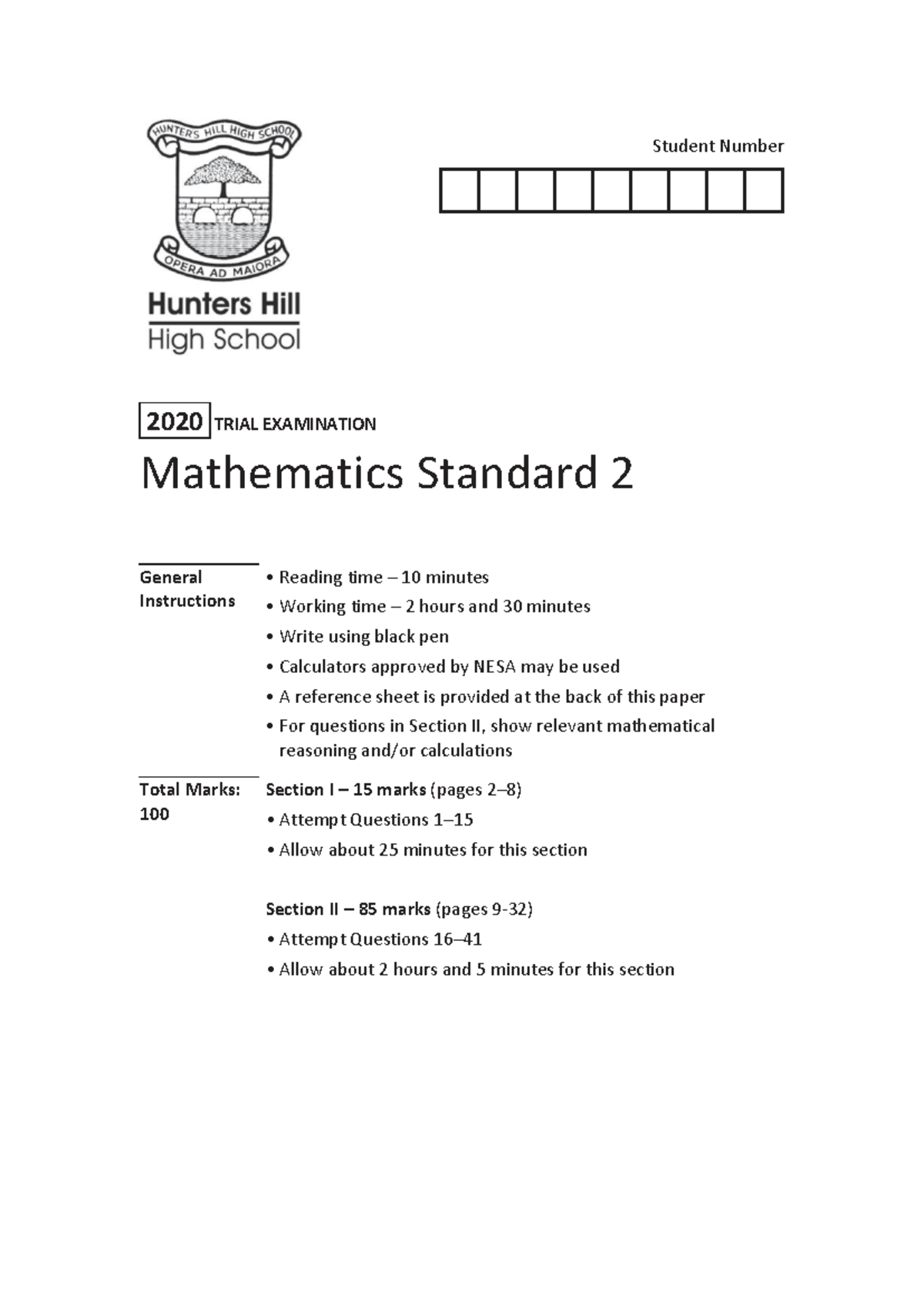 2020 MS - Hunters Hill HS - Mathematics Standard 2 Trial Exam - Studocu