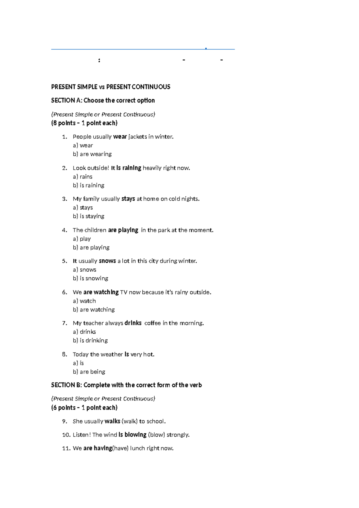 BN5 04 Final Exam: Present Simple vs Present Continuous Practice - Studocu