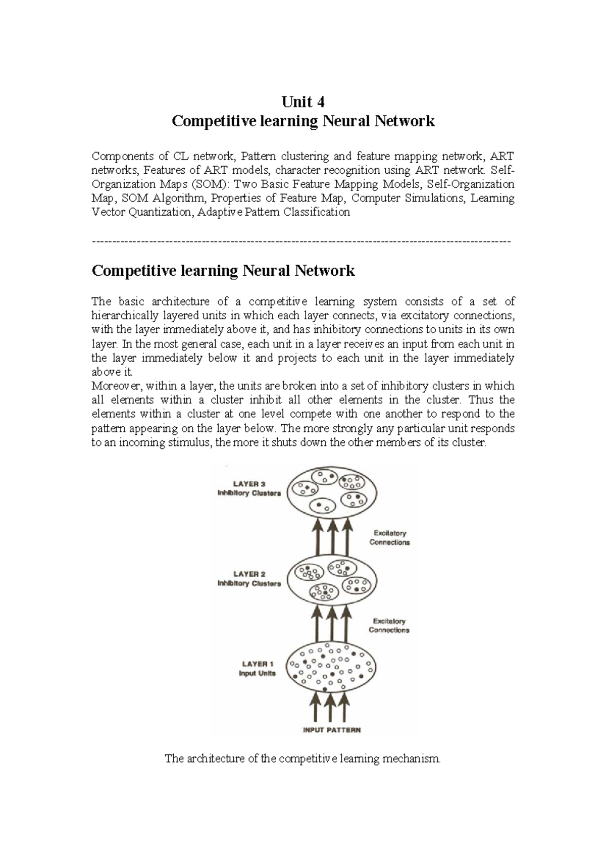 Unit 4 CLG - Competitive Learning Neural Networks and Applications ...