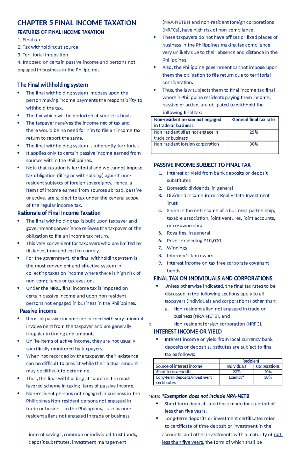 Final Exam Notes on Income Taxation (Course Code: TAX101) - Studocu
