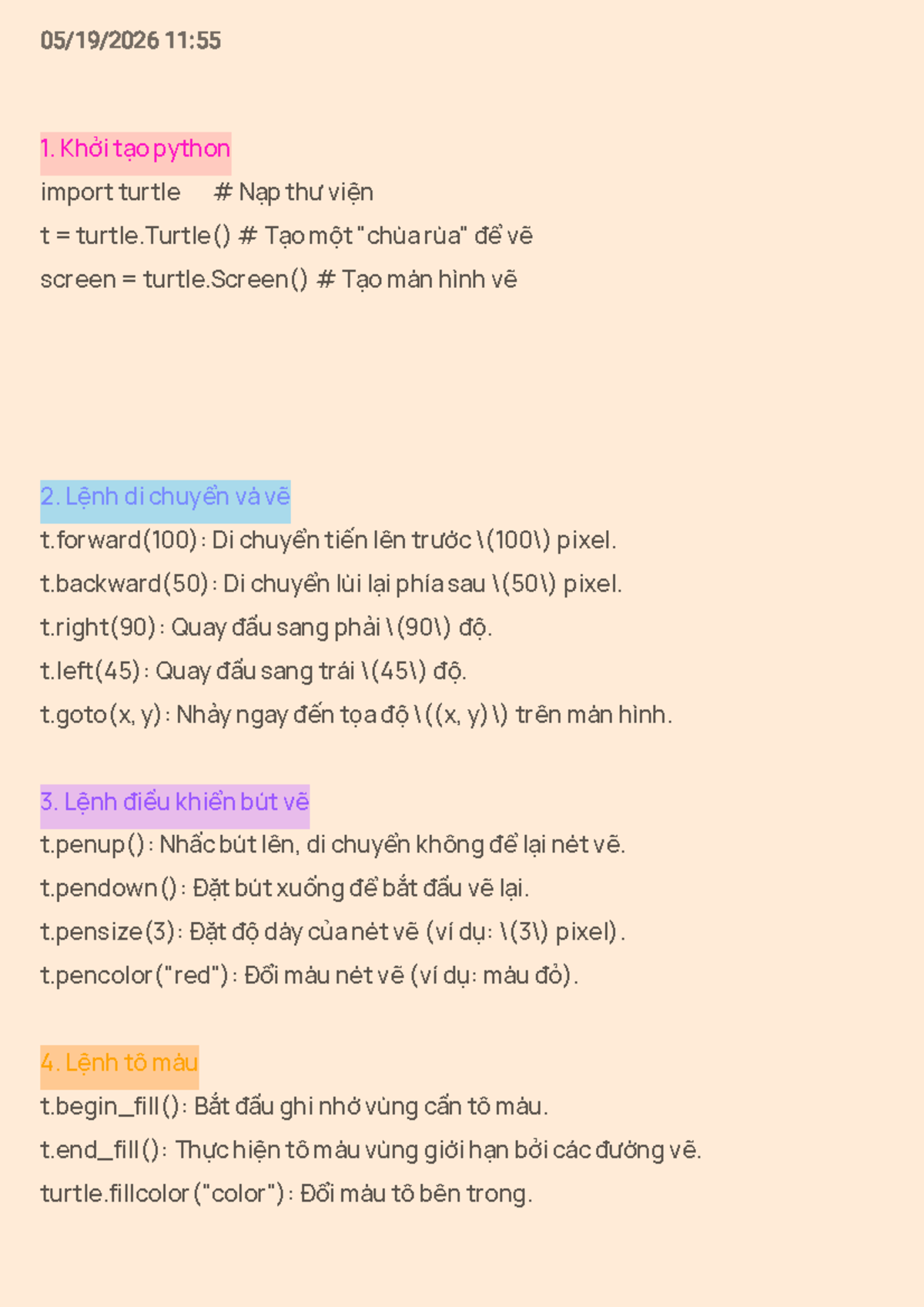 Python Turtle Graphics Basics: Notes for Course 11:55 - Studocu