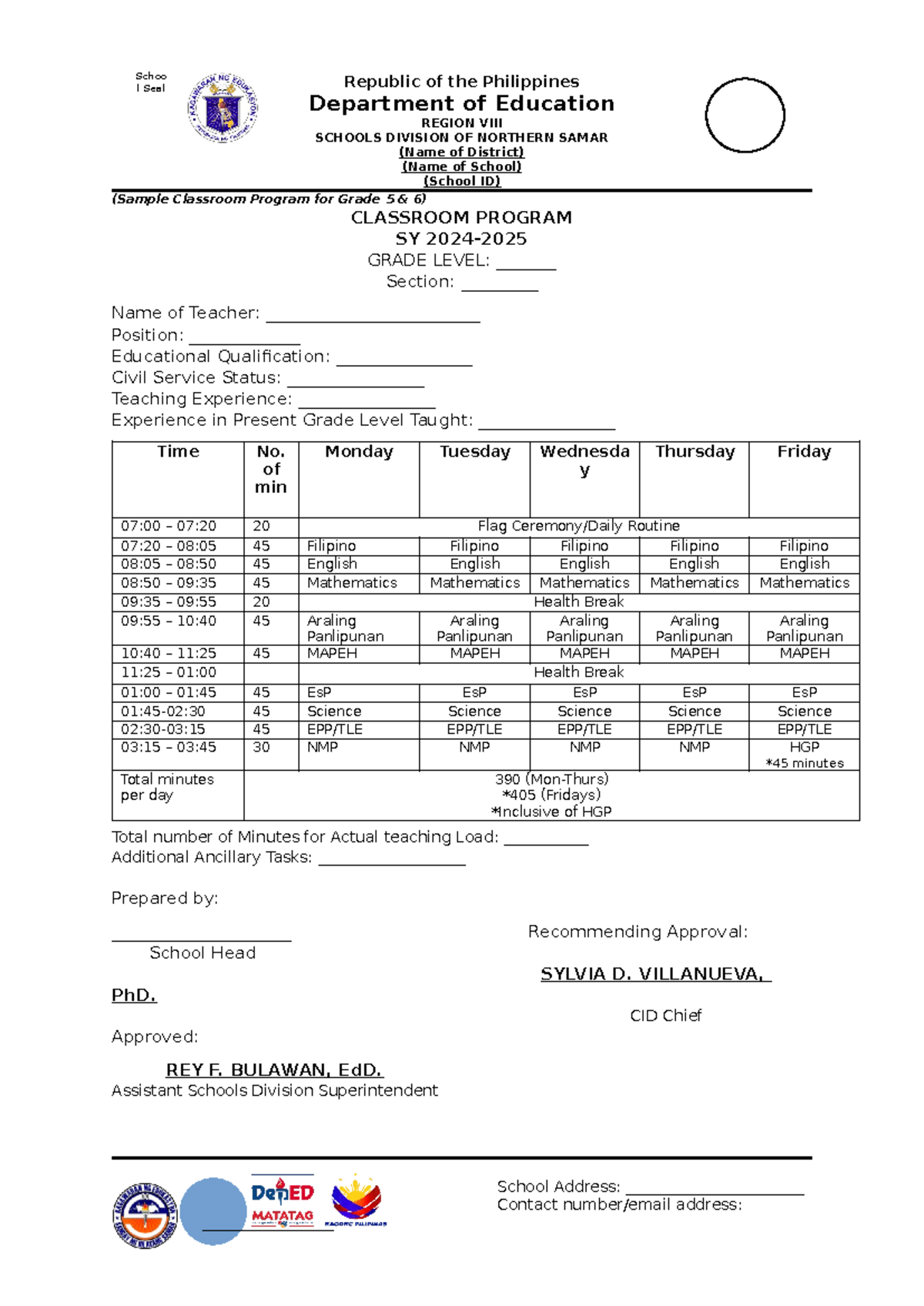 Classroom Program Template for Grades 5 & 6 - SY 2024 - Studocu