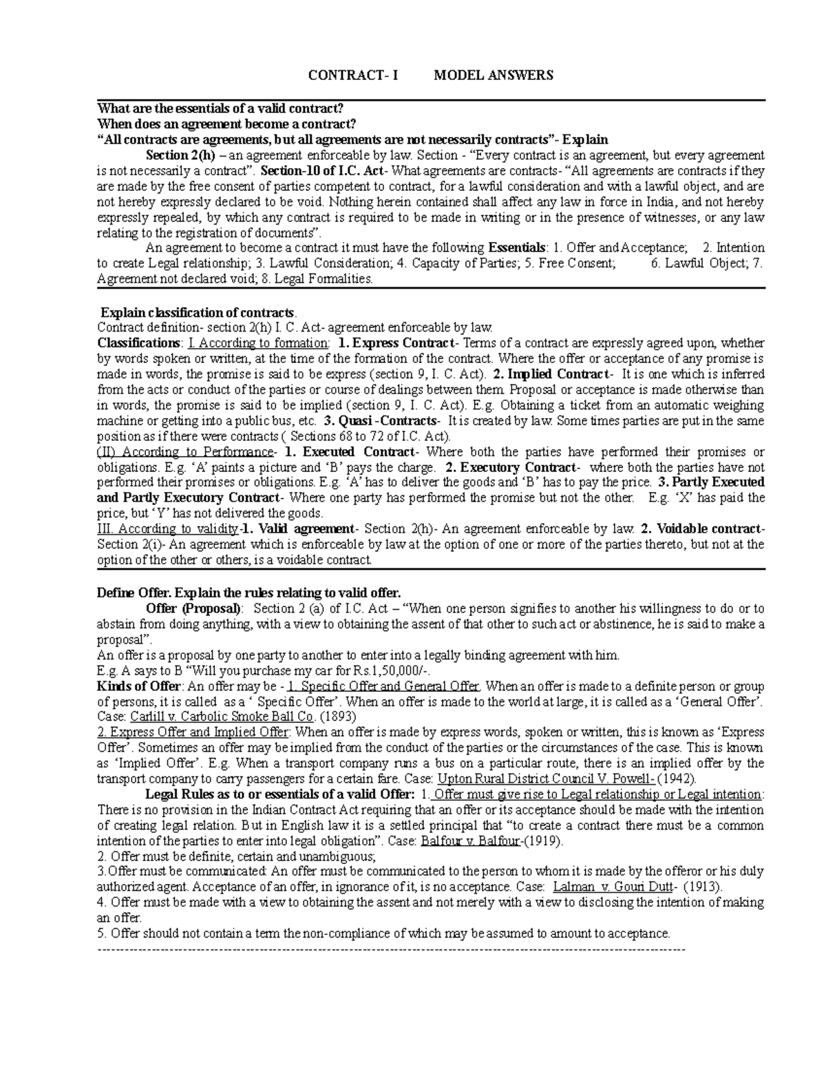 Contract-I- Model Answers - CONTRACT- I MODEL ANSWERS What are the ...