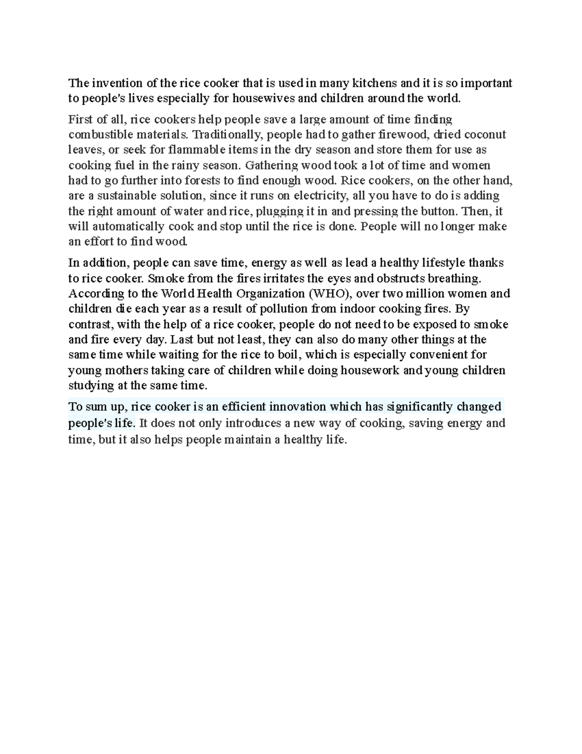 Writing 2 Unit 2 Essay: The Impact of Rice Cookers on Daily Life - Studocu
