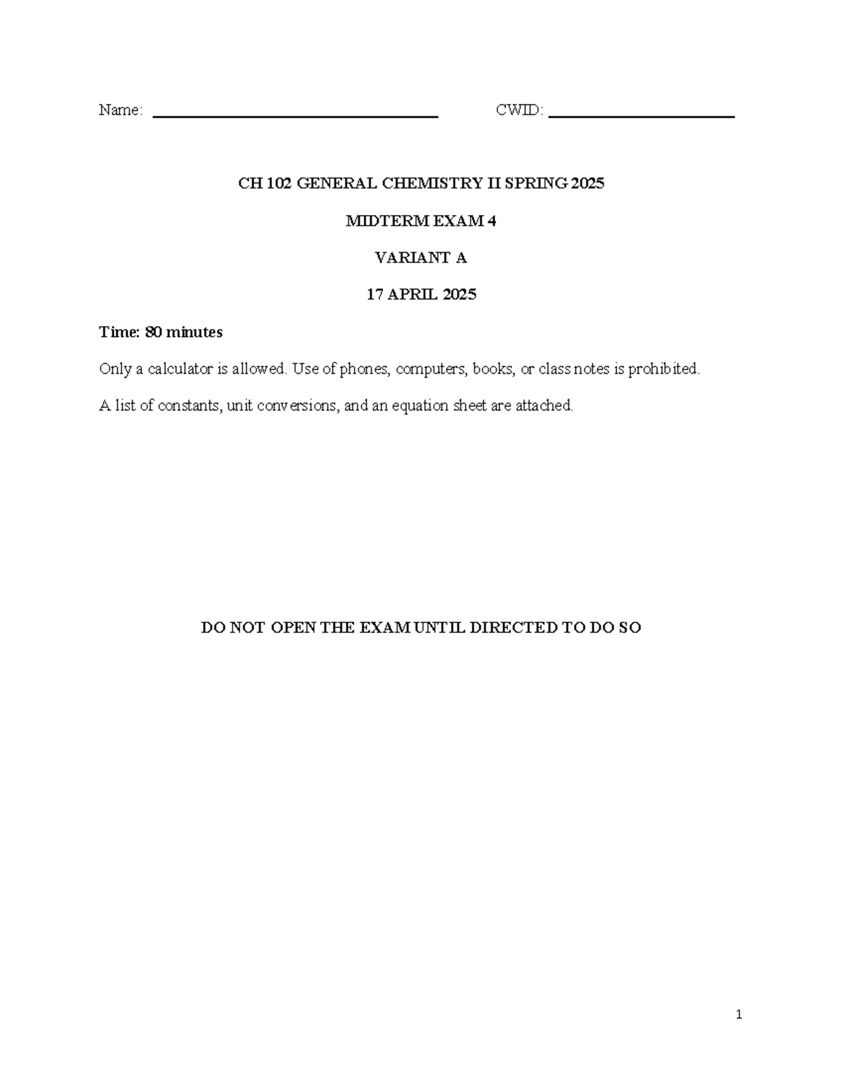 CH 102 GENERAL CHEMISTRY II SPRING 2025 MIDTERM EXAM 4 PRACTICE TEST ...