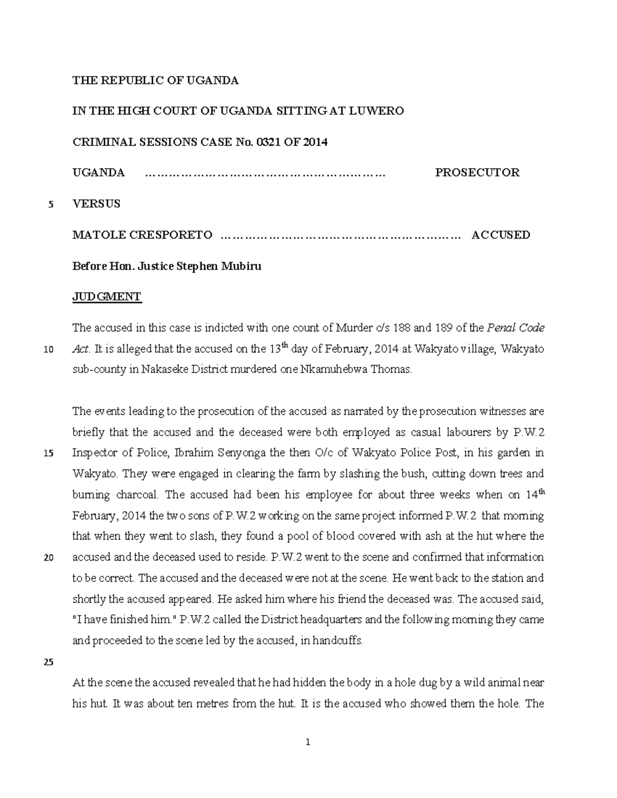 UGANDA HIGH COURT CASE No. 0321 OF 2014: JUDGMENT ON MURDER - Studocu
