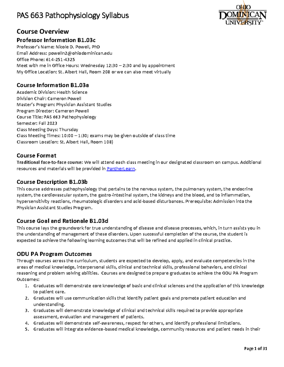 Pathophysiology Syllabus - Course Overview Professor Information B1 ...