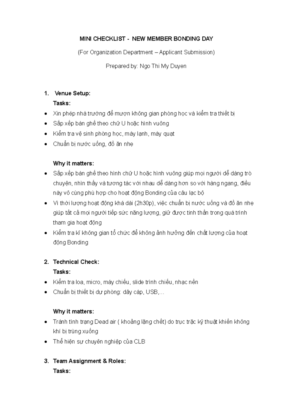 MINI CHECKLIST: NEW MEMBER BONDING DAY (Org Dept Submission) - Studocu