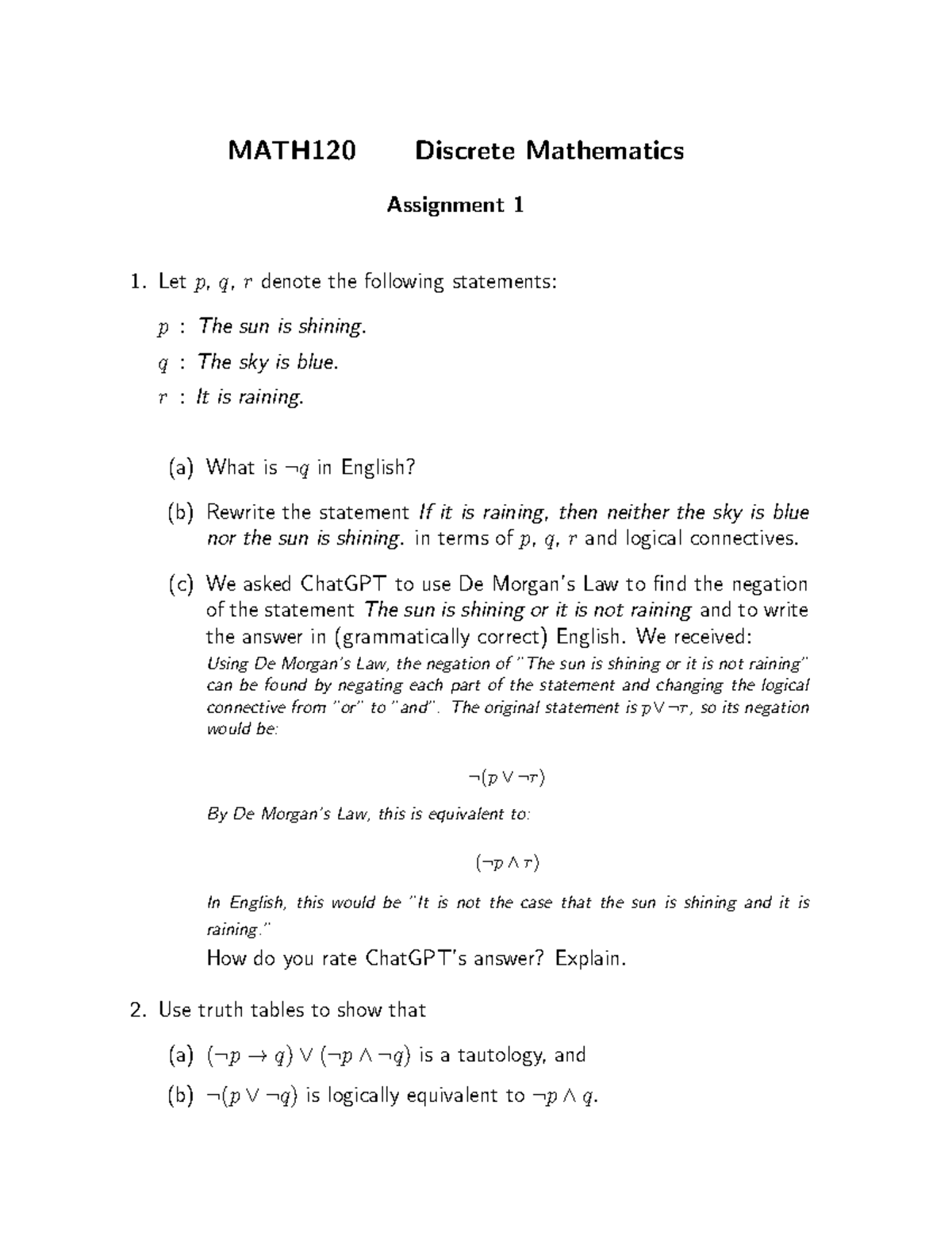 MATH120 Discrete Mathematics Assignment 1: Logic and Truth Tables - Studocu
