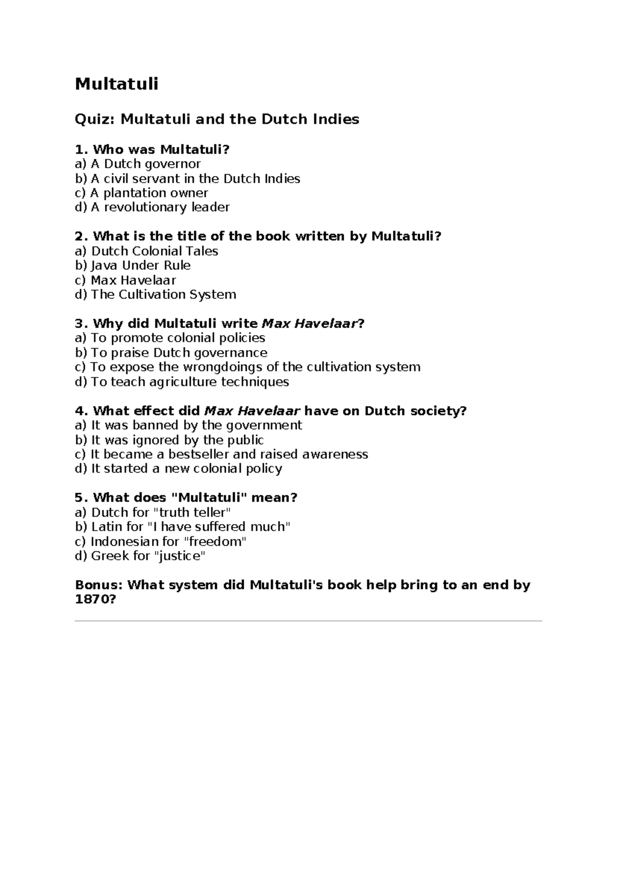 Multatuli Quiz: Insights on Multatuli and the Dutch Indies - Studeersnel