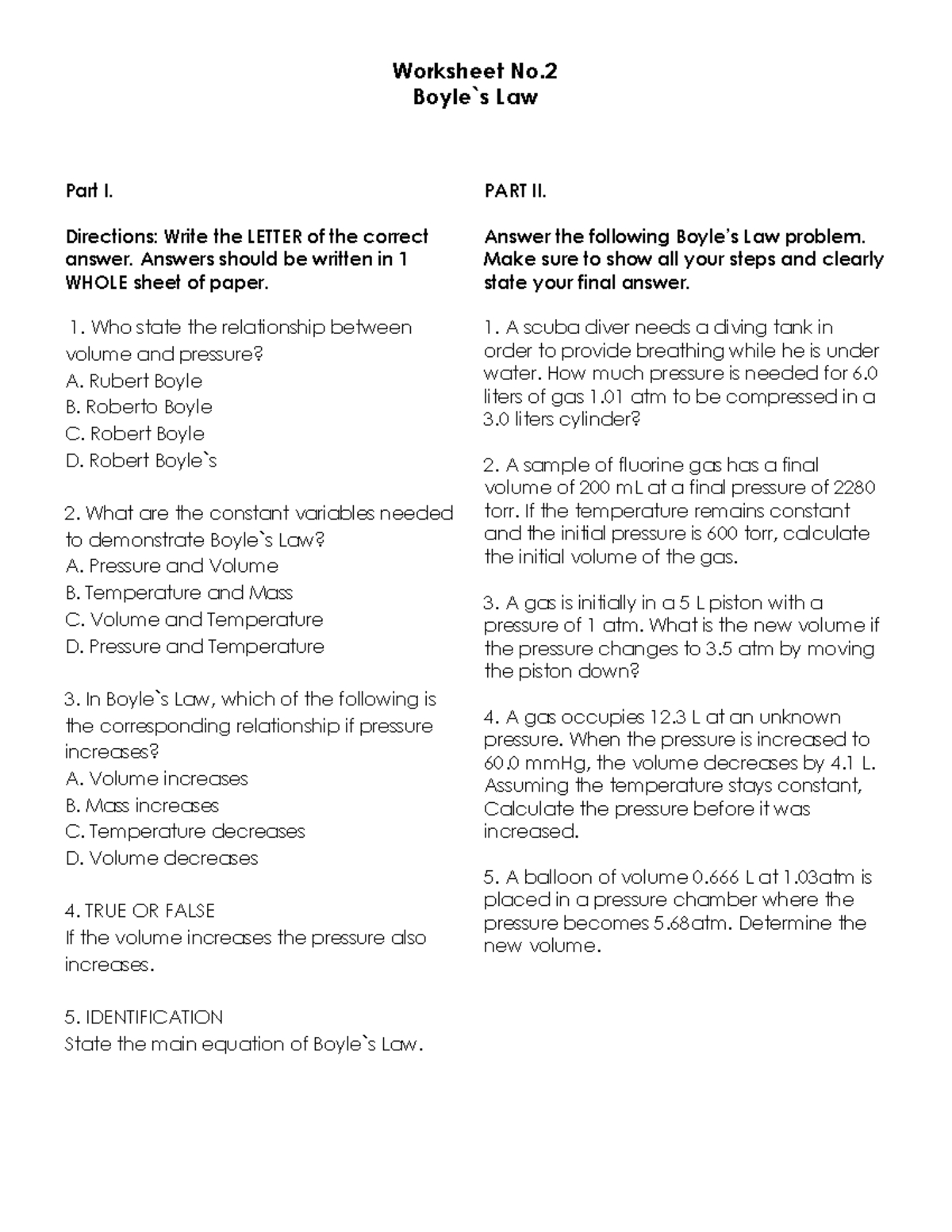 Worksheet No.2: Boyle's Law Problems and Solutions - Studocu