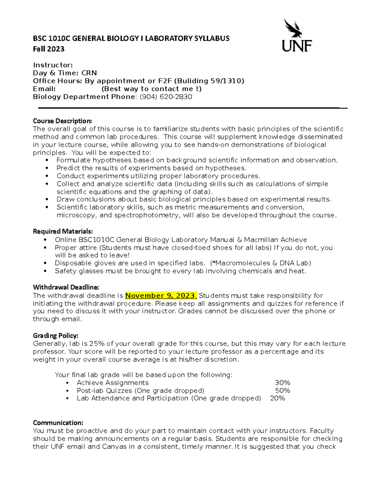 BSC 1010C General Biology I Laboratory Syllabus - Fall 2023 - Studocu
