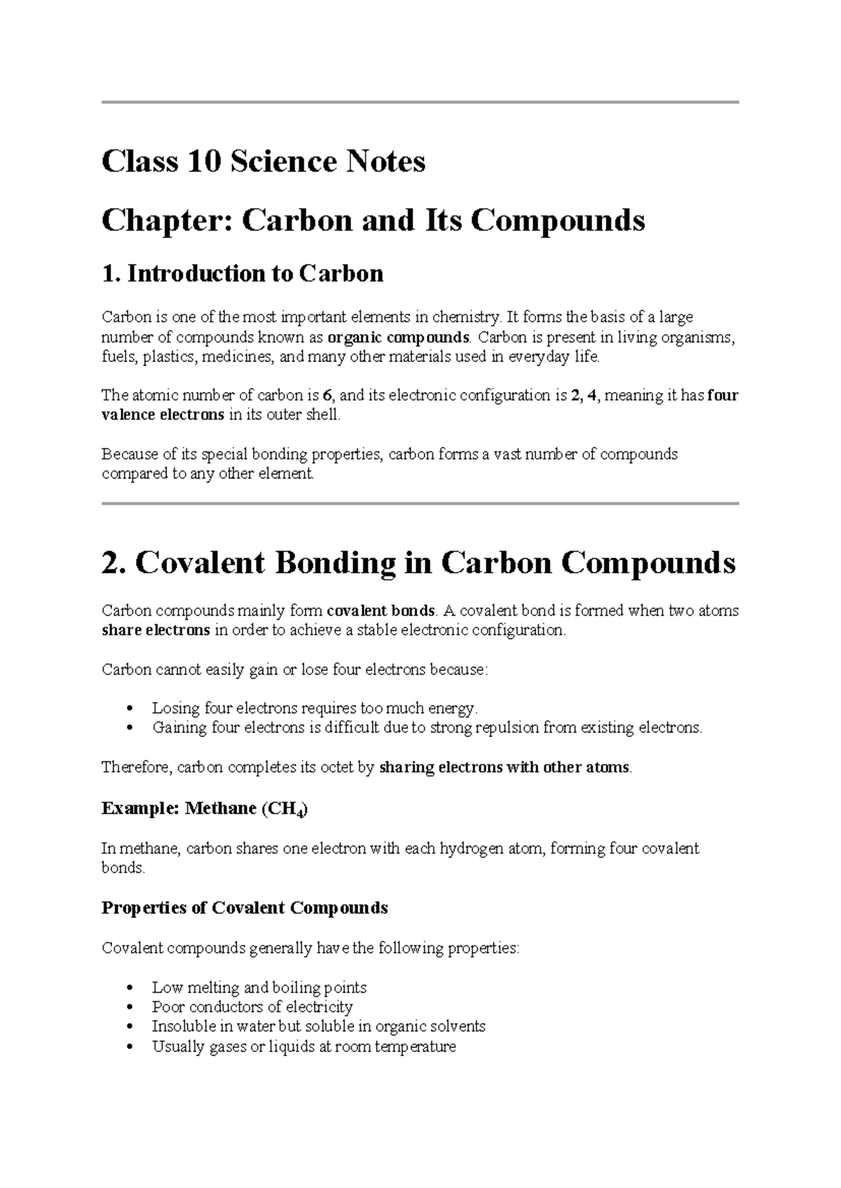 Class 10 Science Notes: Carbon and Its Compounds Overview - Studocu