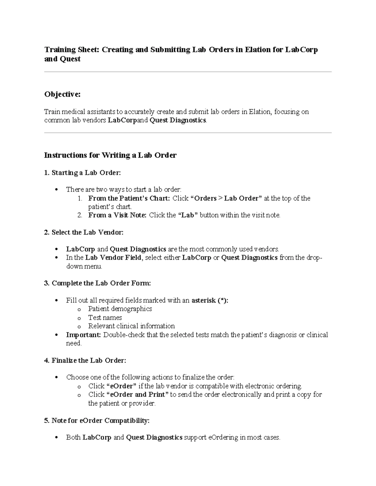 Training Sheet: Entering Point-of-Care Lab Results in Elation - Studocu