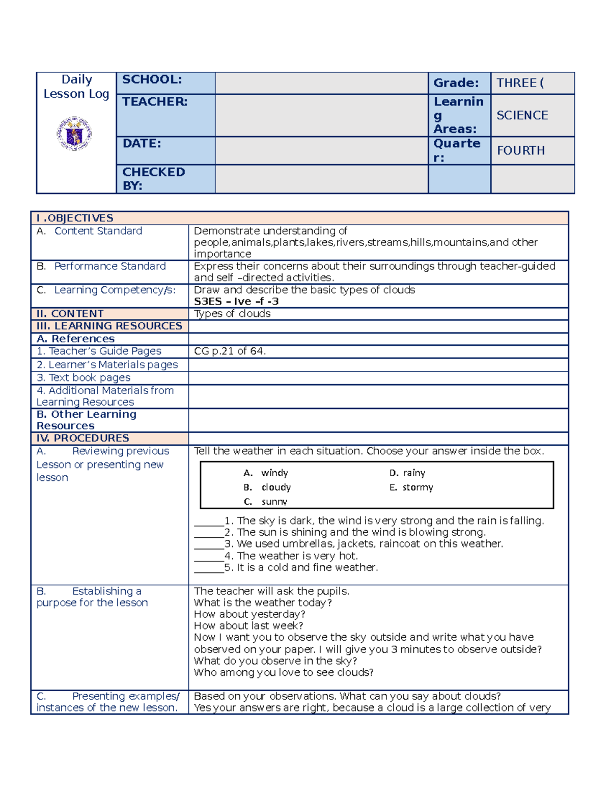 Grade 3 COT Science Q4 - Lesson Plan on Types of Clouds - Studocu