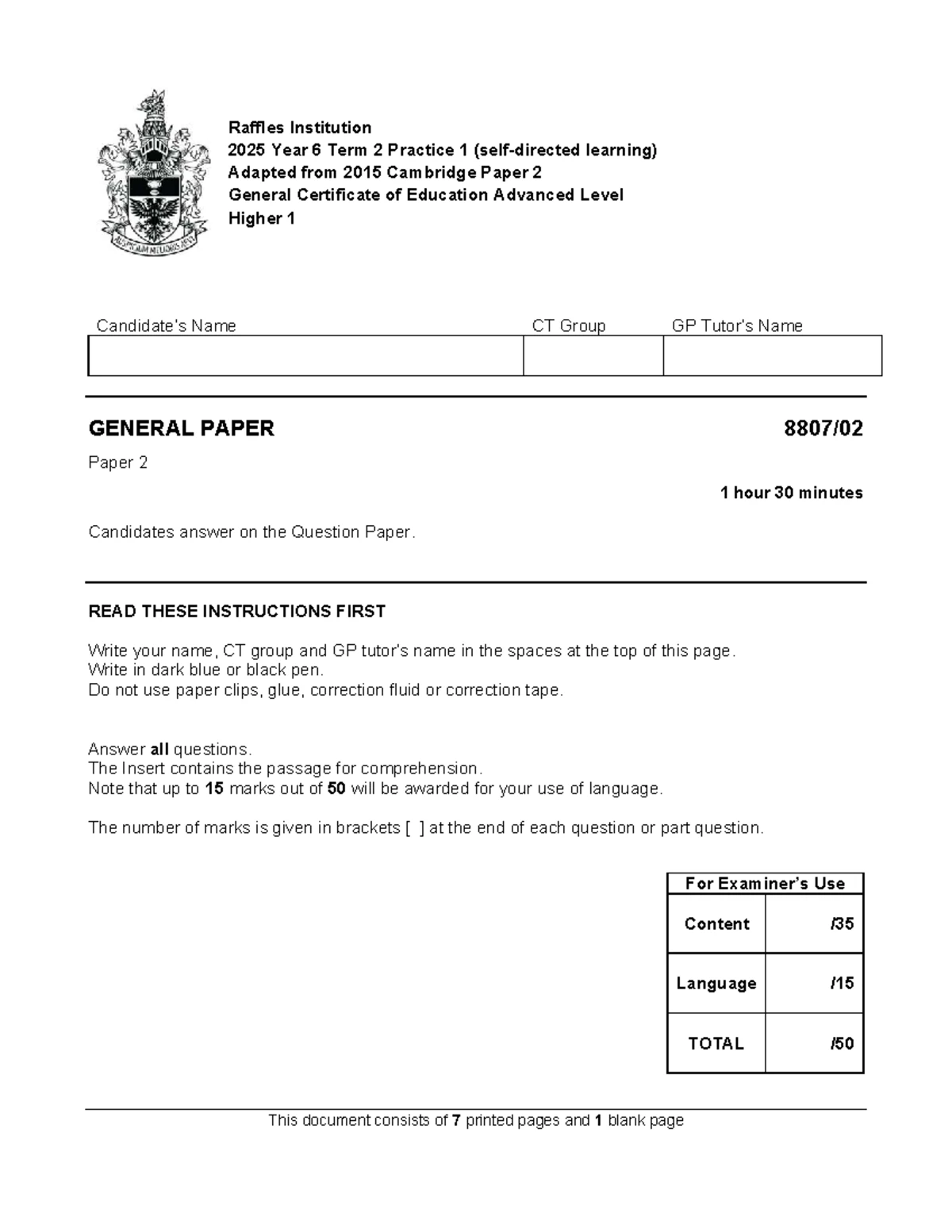 NYJC GP Paper 2 2023 Answer Scheme - JC1 End-Year Exam Insights - Studocu