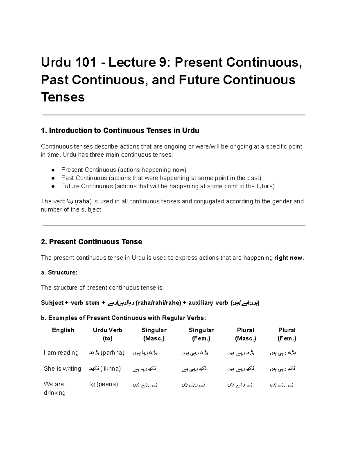Urdu 101 Lecture 9: Continuous Tenses - Present, Past, Future - Studocu
