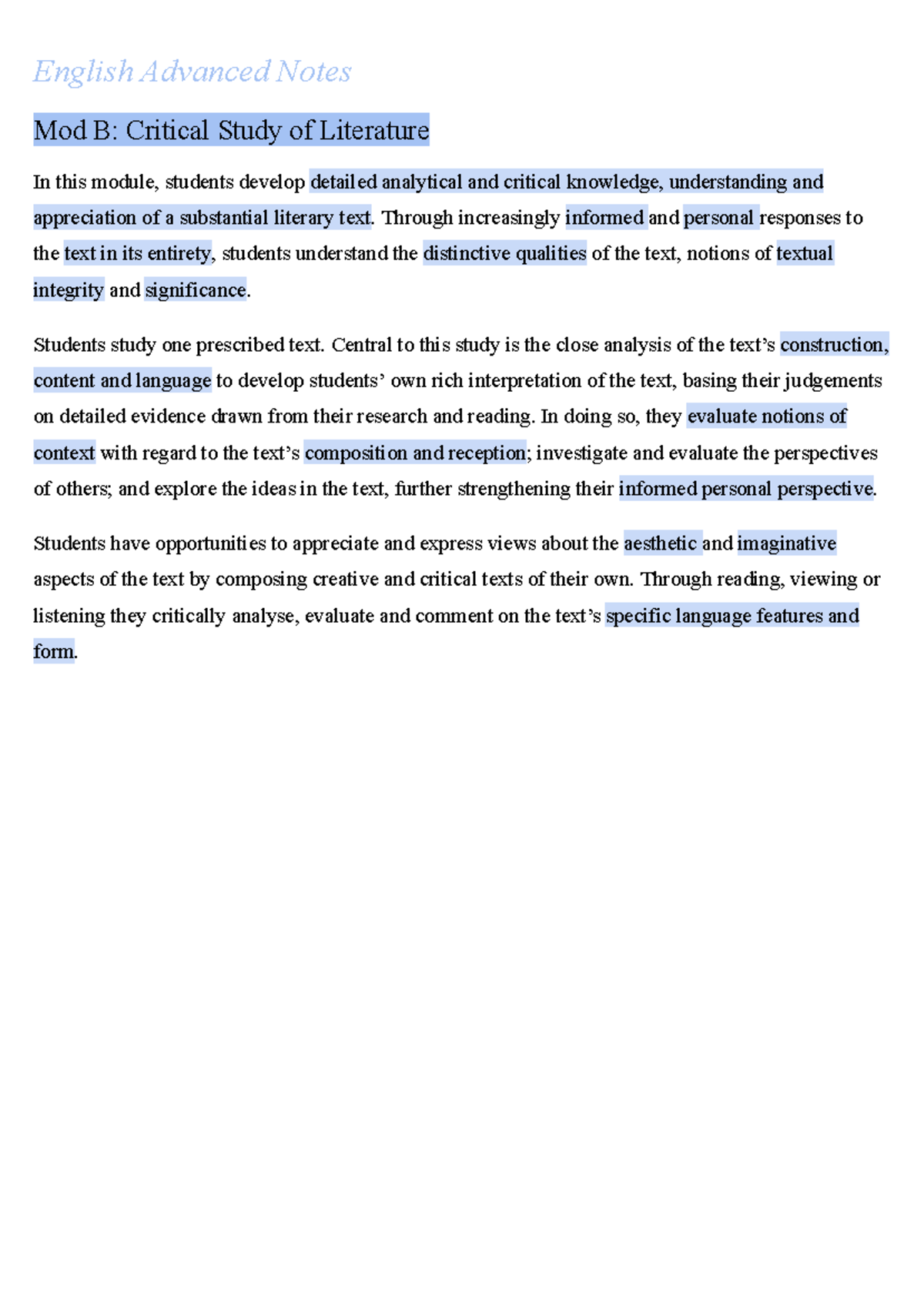 English Advanced Mod B: Critical Study of Literature Notes - Studocu