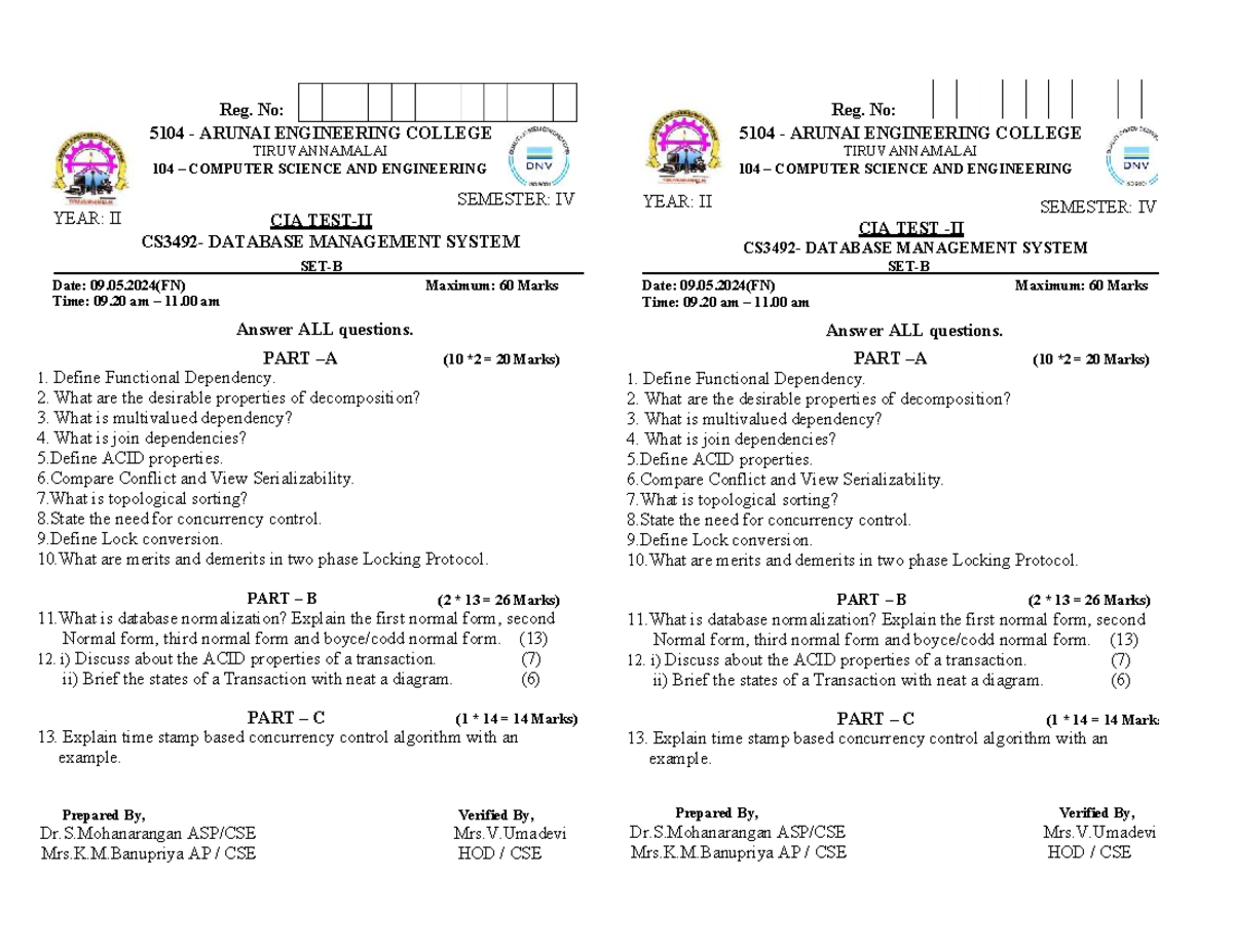 CIA2-DBMS-SET B (2024) - Database Management System Test Notes - Studocu
