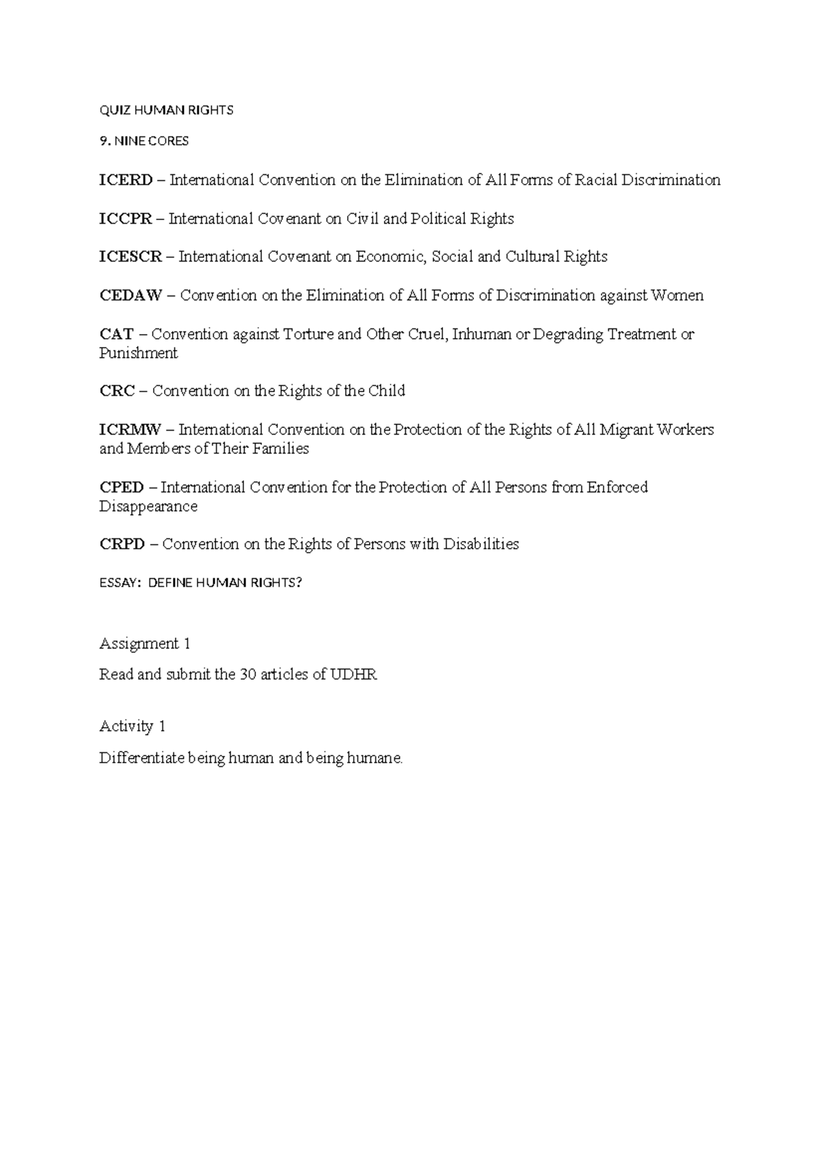 QUIZ: Human Rights Overview and Key Conventions - Studocu