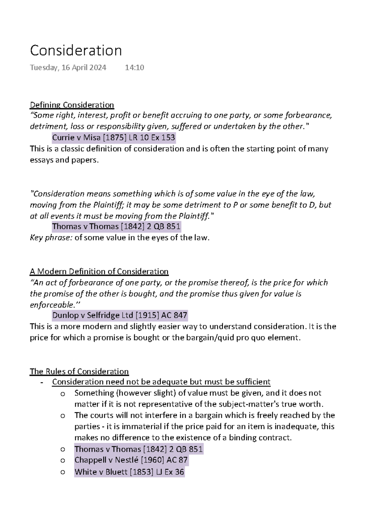 Consideration - summary - Defining Consideration “Some right, interest ...