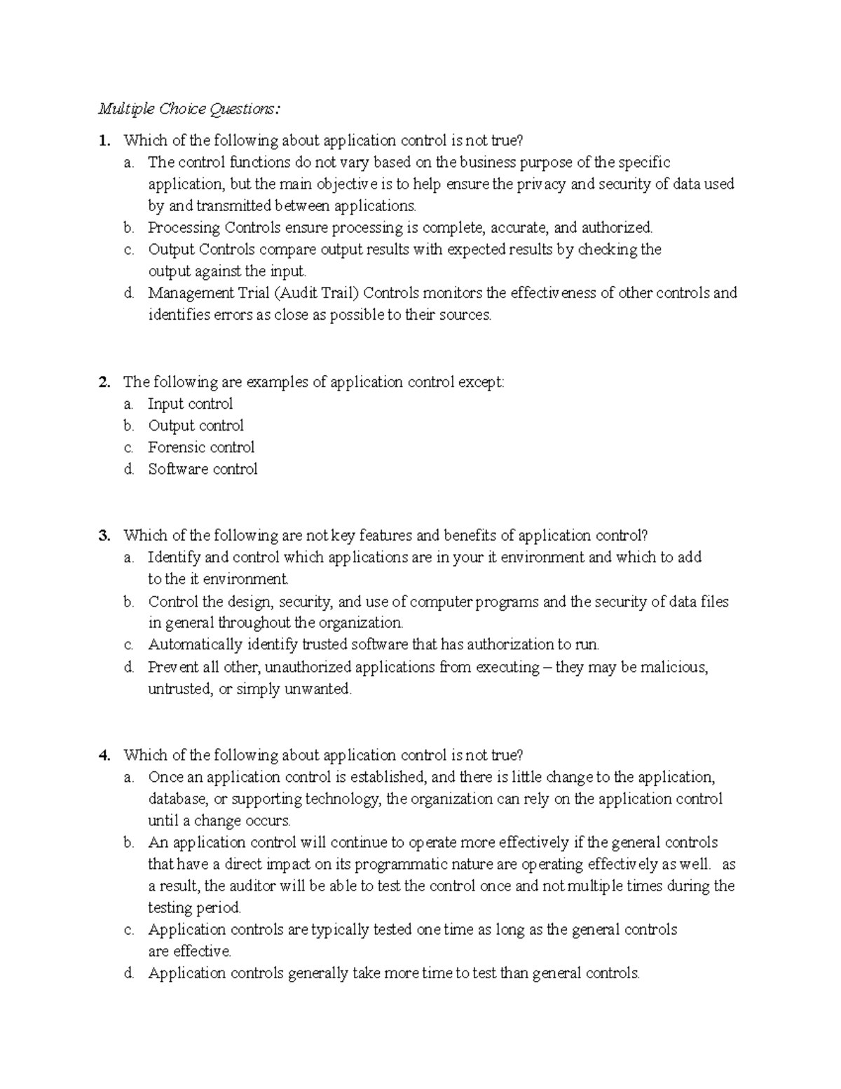 Application Controls Multiple Choice Questions for IT Audit Review ...