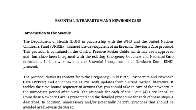 Essential Intrapartum and Newborn Care Protocol: Best Practices - Studocu
