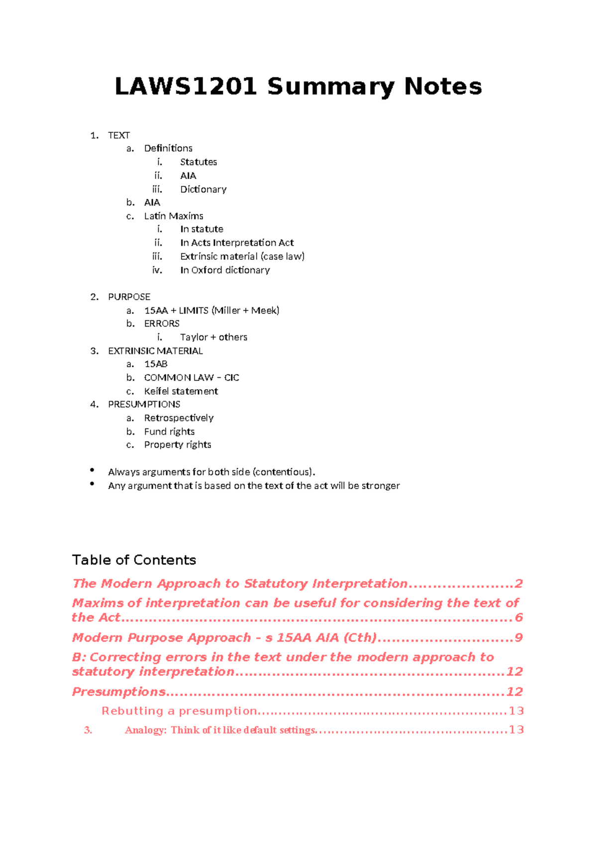 LAWS1201 Statutory Interpretation Summary Notes - Studocu