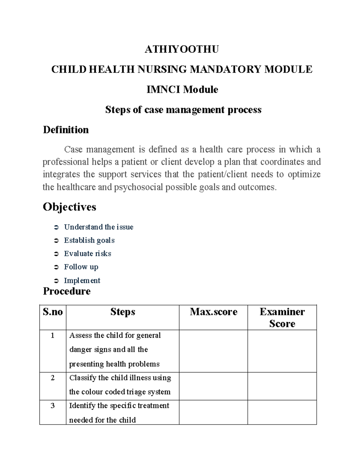 IMNCI Module: Child Health Nursing Case Management Steps - Studocu