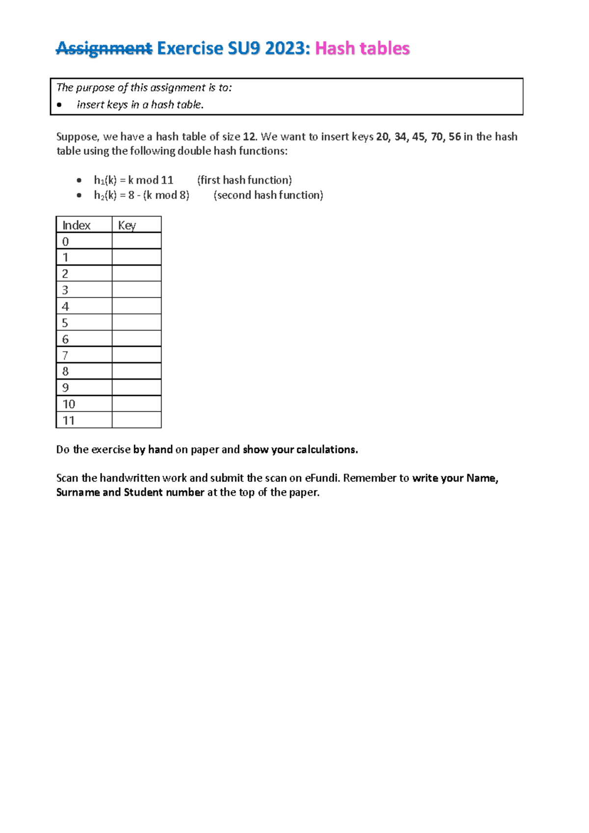 Assignment SU9 2024: Hash Tables Key Insertion Exercise - Studocu