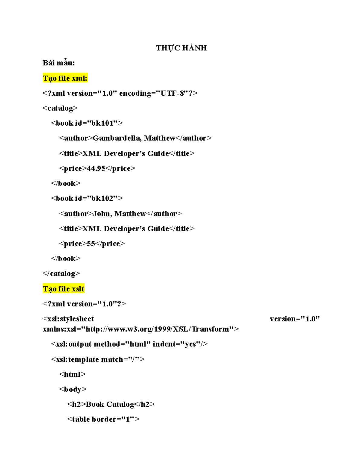 THỰC HÀNH: XSLT và XML - Tạo file và xử lý dữ liệu - Studocu