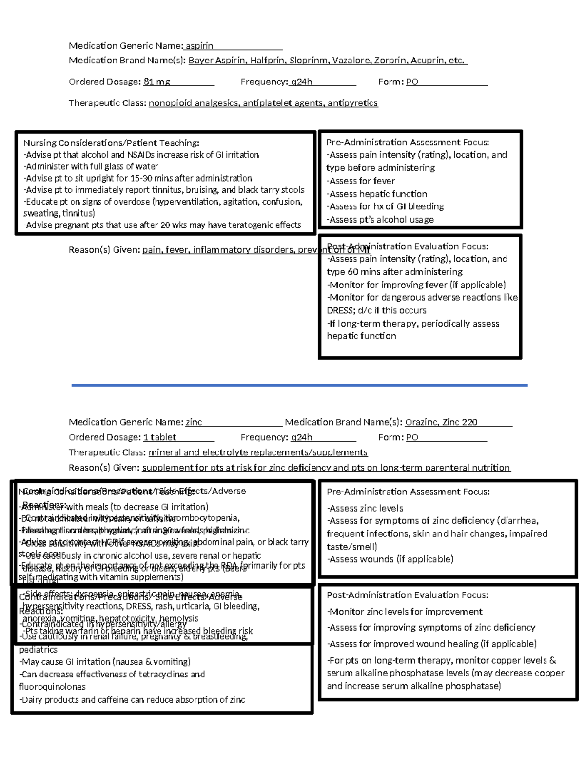 Drug Card 2 Morrow: Aspirin & Zinc - VSIM Medication Overview - Studocu