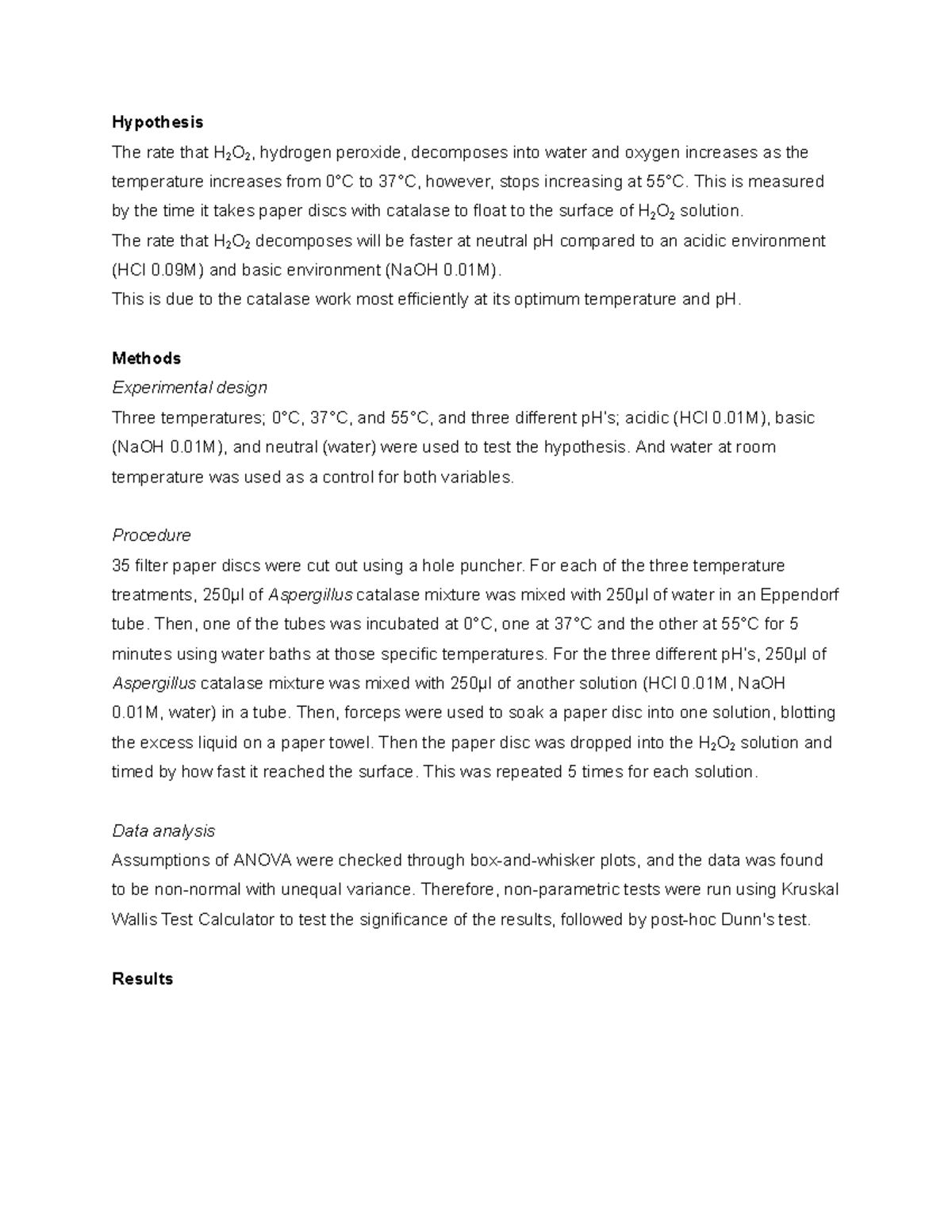 Prac report - Hypothesis The rate that H 2 O 2 , hydrogen peroxide ...