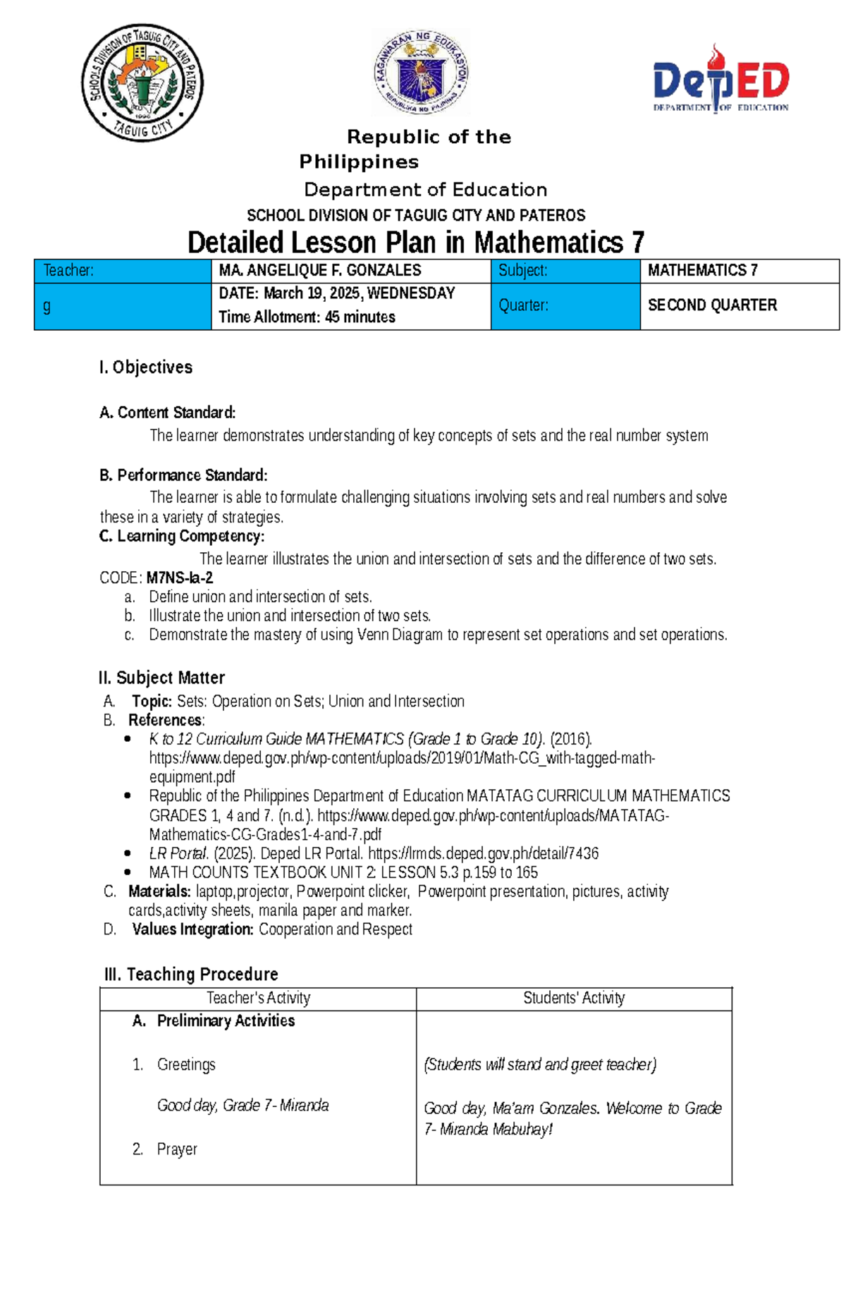 Detailed Lesson Plan: Sets and Operations in Math 7 (2nd Quarter) - Studocu