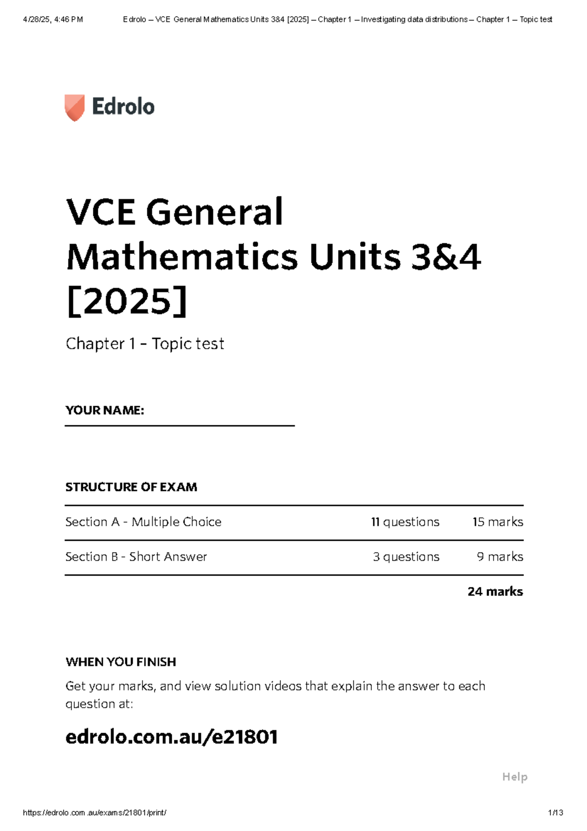 Edrolo VCE General Mathematics Units 3&4 [2025] Chapter 1 Topic Test on ...