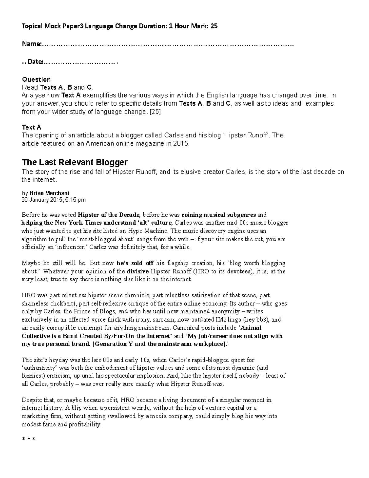 Topical Mock Paper 3: Language Change Analysis and Insights - Studocu