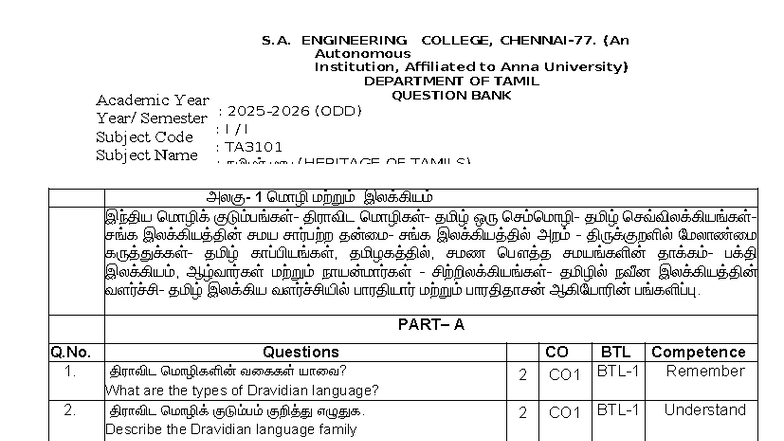 TA3101: Heritage of Tamils - Question Bank (Academic Year 2025-2026 ...
