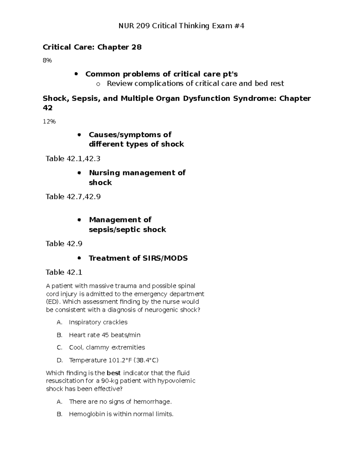 NUR 209 Critical Thinking Exam: Critical Care & Musculoskeletal ...