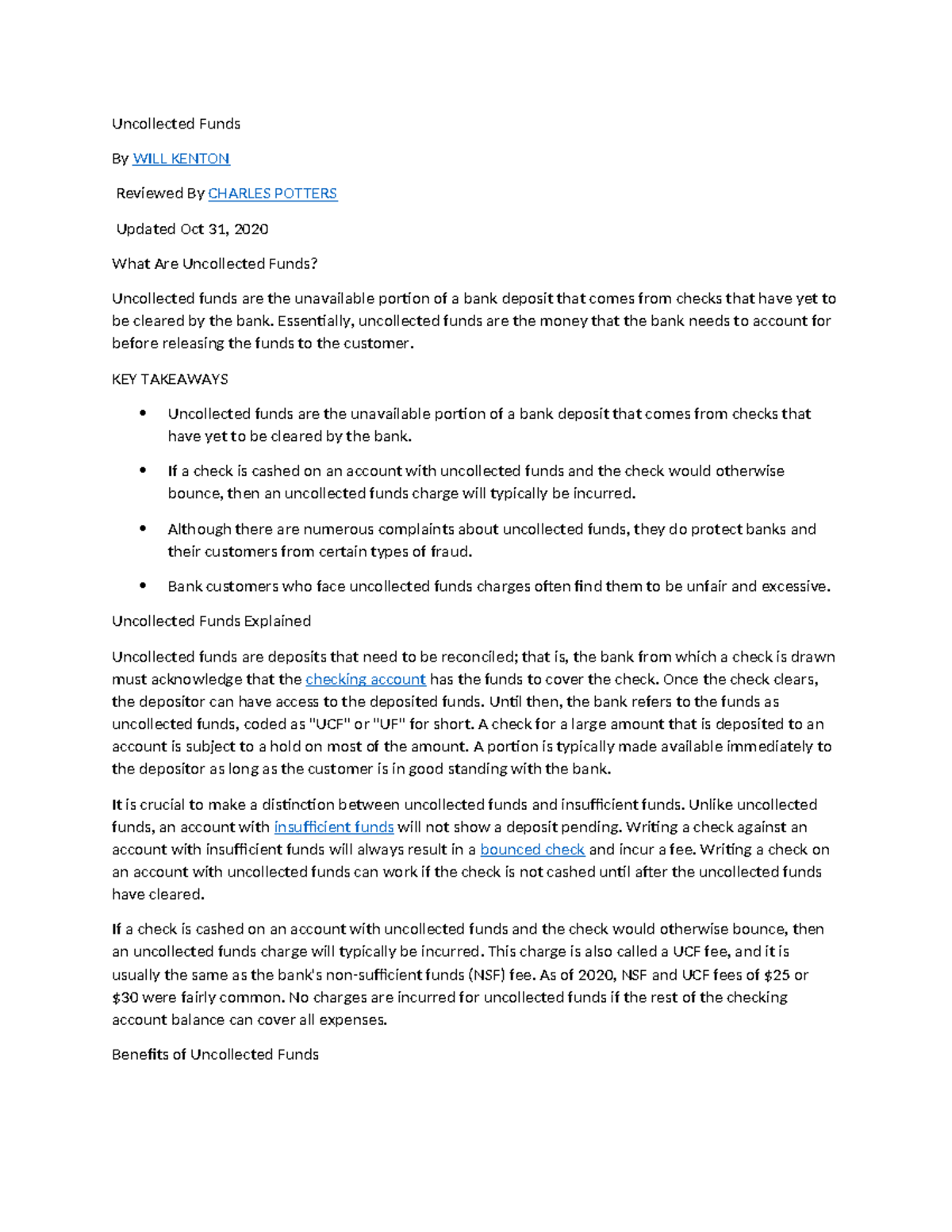 Understanding Uncollected Funds: Meaning, Charges, and Impacts - Studocu