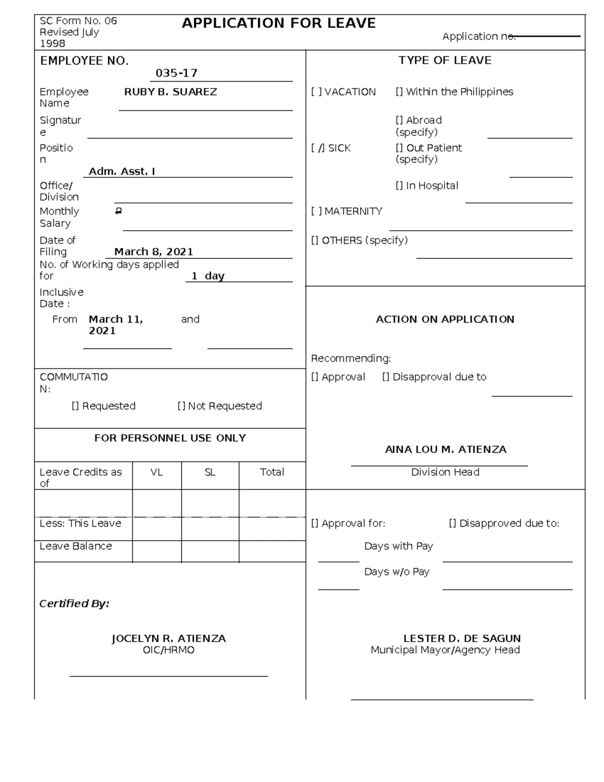 Leave-Form - HAUbch bhsbvhsuvbdbc - SC Form No. 06 Revised July 1998 ...
