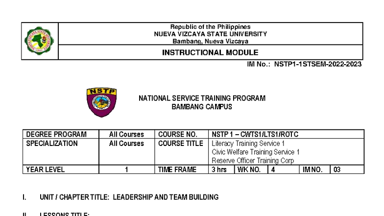 NSTP 1 Leadership and Team Building Instructional Module - Studocu