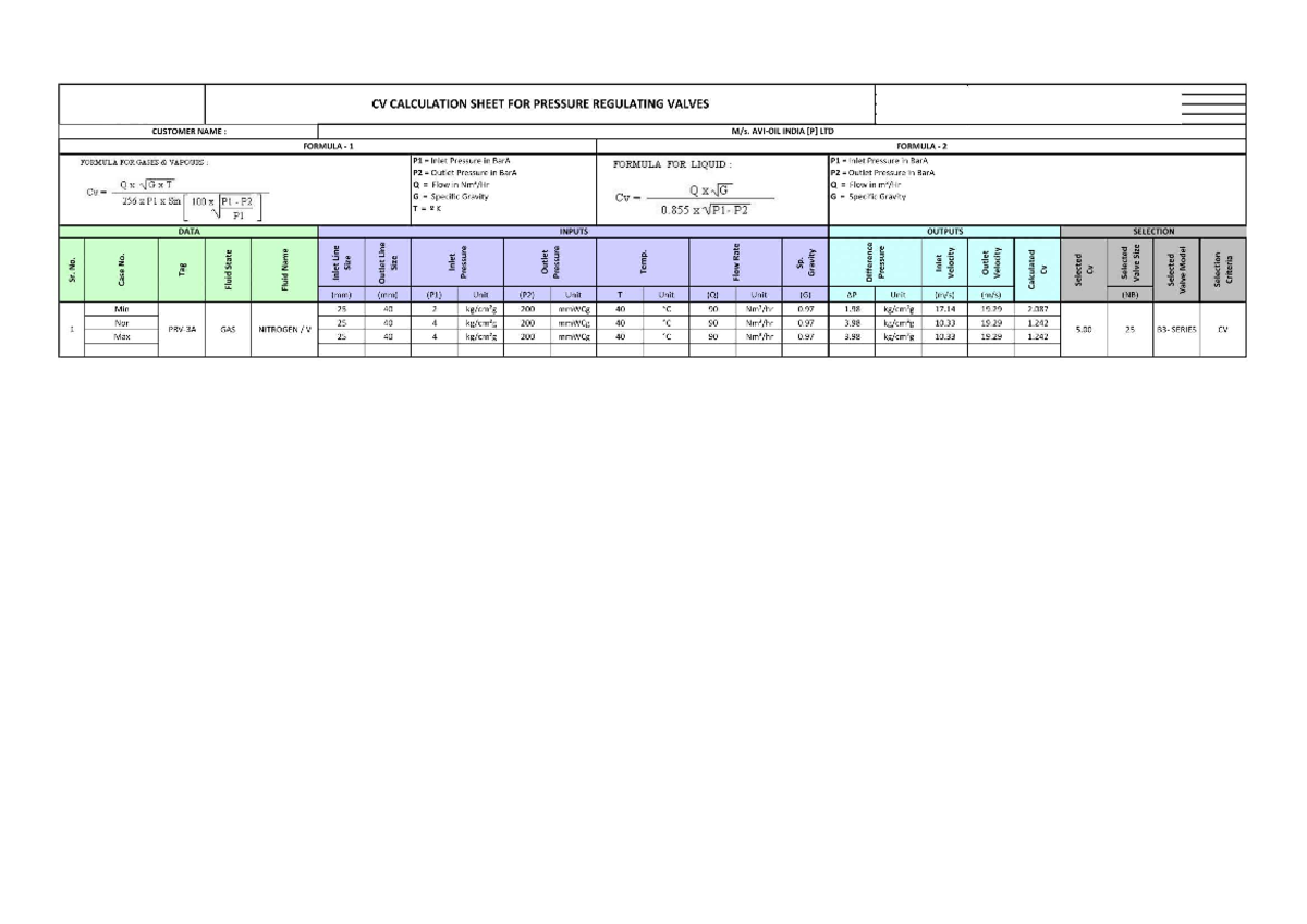 PRV N2: Calculation Sheet for Pressure Regulating Valves - Studocu
