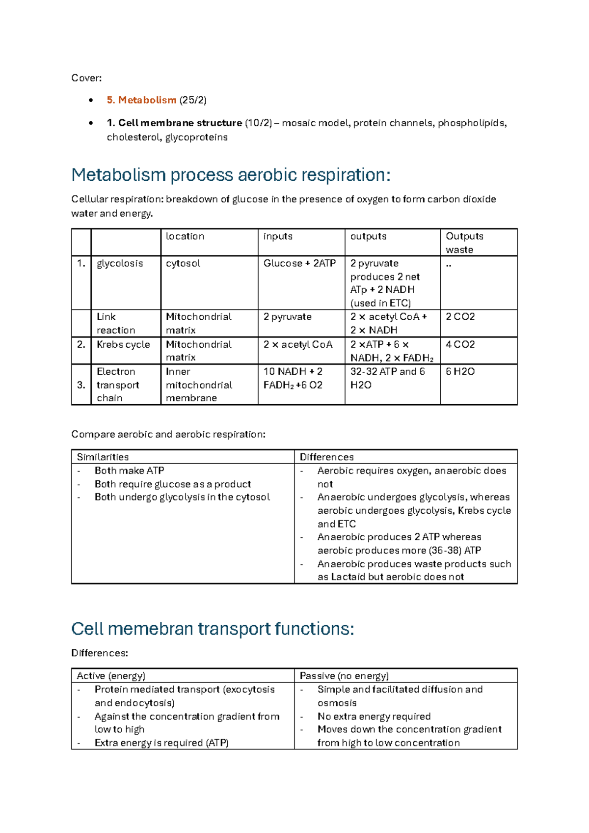 Biology 101: Metabolism & Cell Membrane Structure Overview - Studocu