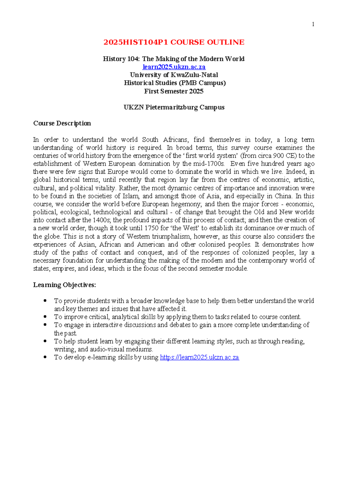HIST104P1 2025 Course Outline: The Making of the Modern World - Studocu