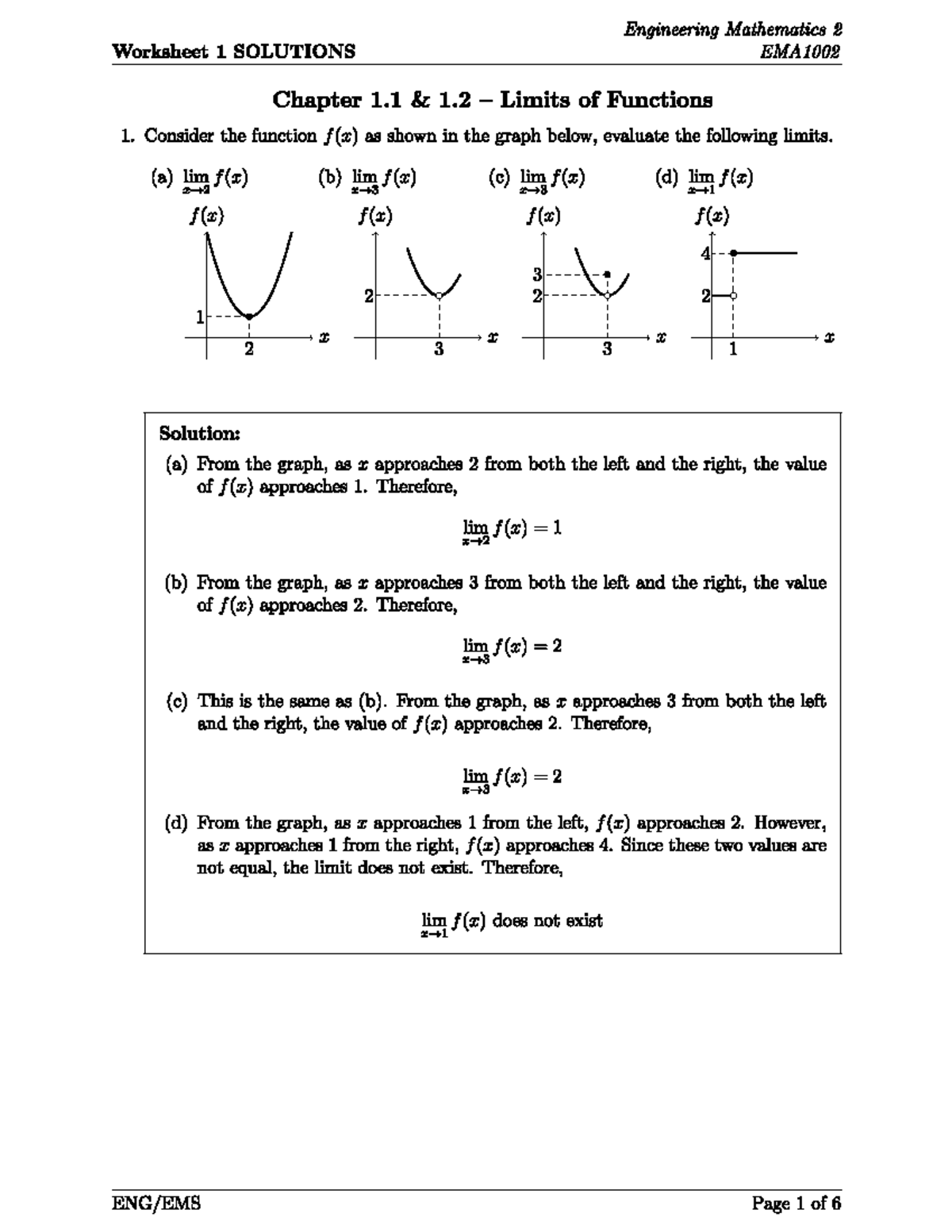 Engineering Mathematics 2 Worksheet Solutions EMA1002: Limits ...