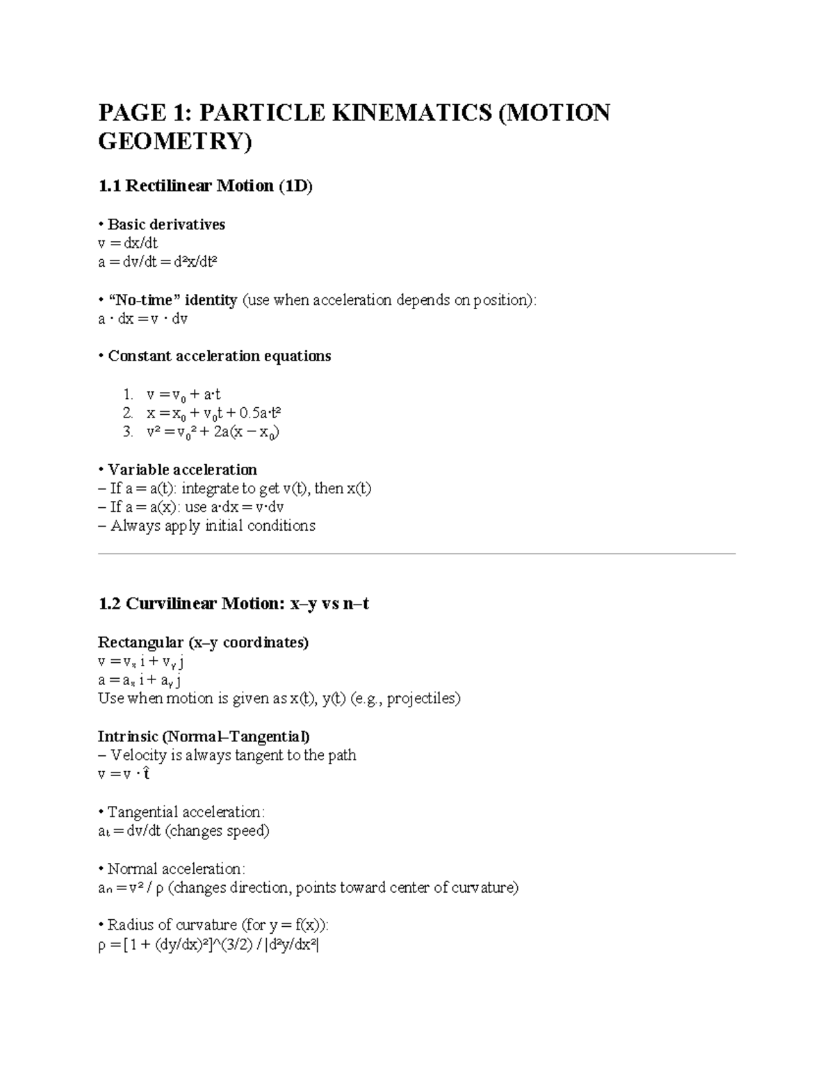 Dynamics Formula Sheet: Particle Kinematics & Kinetics (Final Exam ...