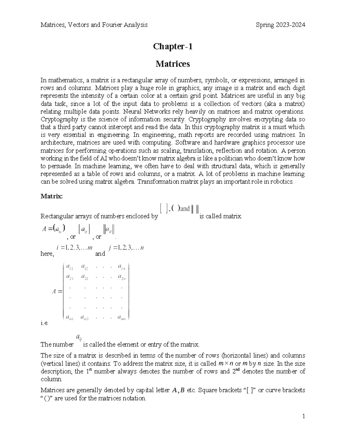 1 Matrix Algebra Spring 23-24 - Chapter- Matrices In mathematics, a ...
