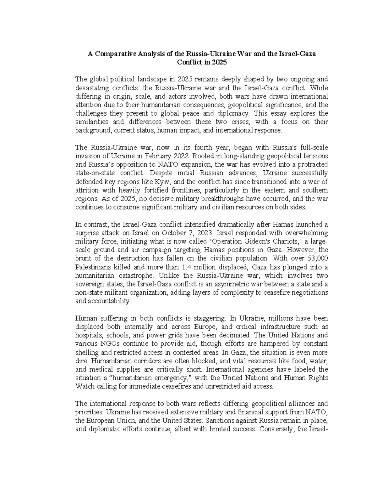 Comparative Analysis of the 2025 War & Conflict: Ukraine vs. Gaza - Studocu